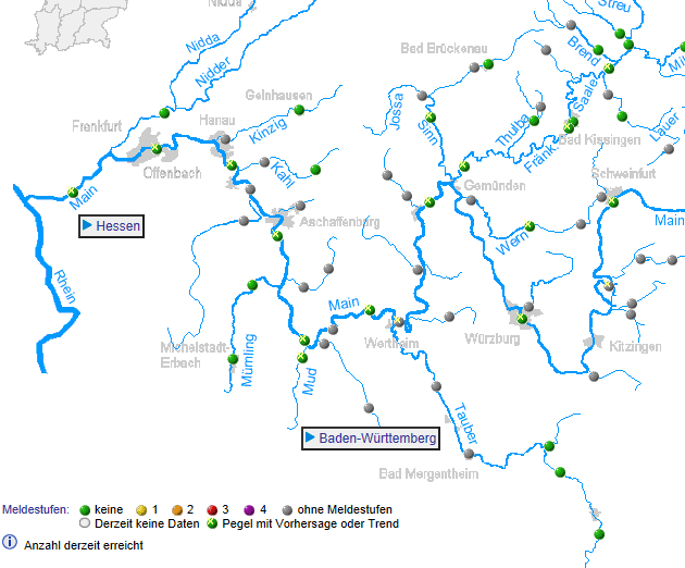 Hochwasserrisikomanagementplan Main Kapitel 2 Abb. 2.4: Lage der Pegelmessstationen im hessischen Einzugsgebiet des Mains (Quelle: Hochwassernachrichtendienst Bayern, www.hnd.bayern.de) 2.