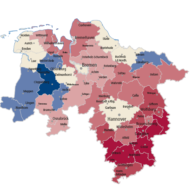 Bevölkerungsentwicklung in Landkreisen und kreisfreien Städten 2009 bis 2030 in Niedersachsen (in %) Rückgang der Bevölkerung um 4,8 % Jeder Zweite wird 2030 älter als 50,0 Jahre sein Kinder unter 3