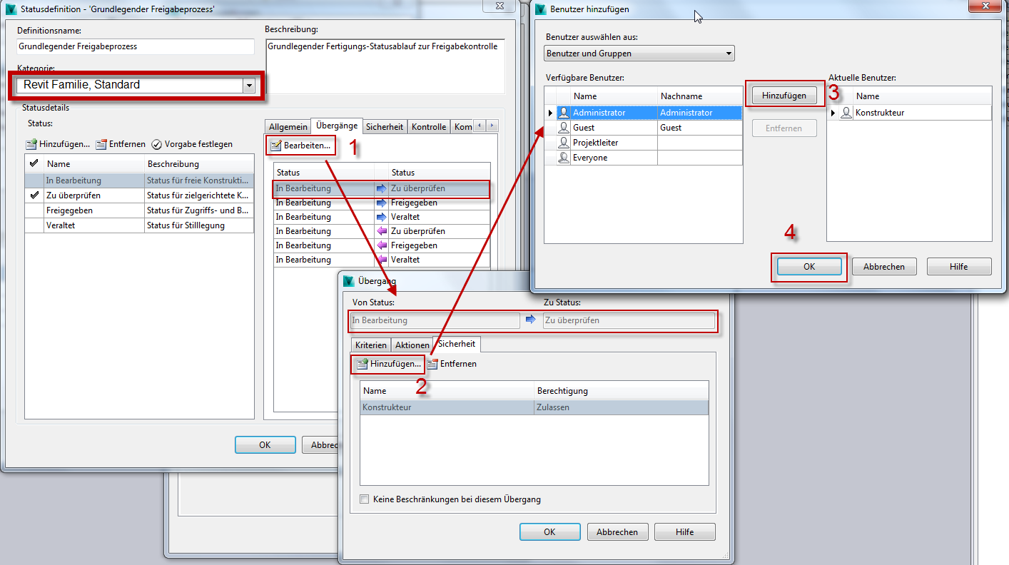 Wählen Sie unter ÜBERGÄNGE die Option BEARBEITEN. Definieren Sie nun wer diesen Übergang vornehmen darf. Wichtig: Wählen Sie in diesem Dialog die entsprechende Kategorie!