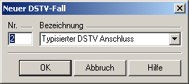 4.5 Pulldownmenüs Pulldownmenü Datei Neu [Strg+N]...erlaubt das Anlegen eines neuen DSTV-Falls (Typisierter Anschluss). Neuer DSTV-Fall dazu muss für jeden neuen DSTV-Fall eine Nr.