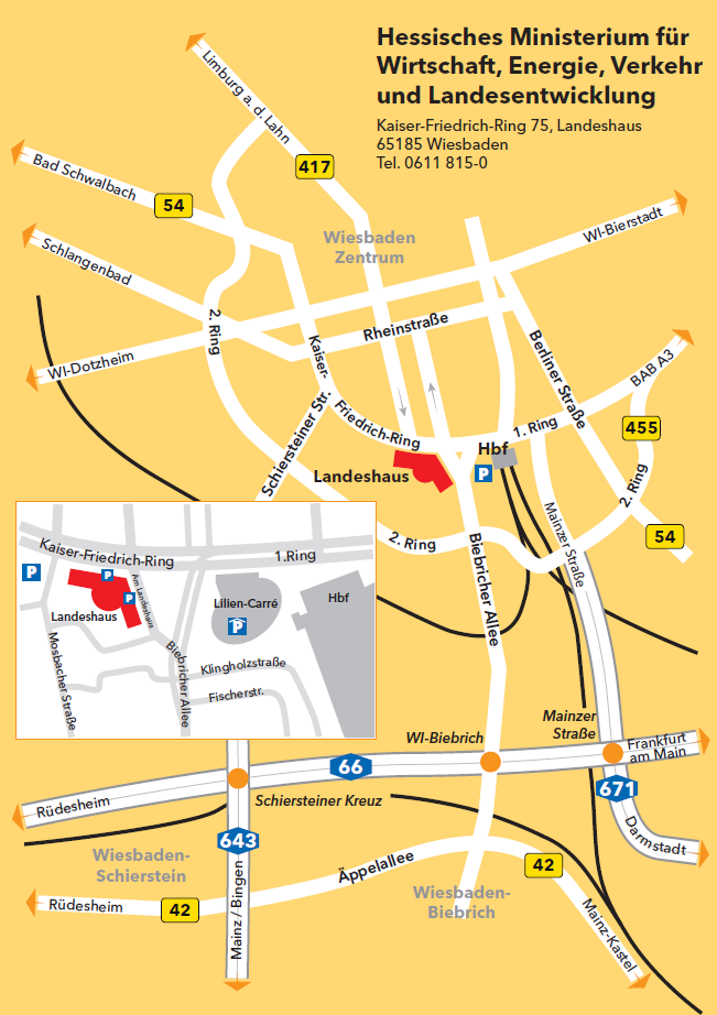 Der Weg zur Veranstaltung: Mit den öffentlichen Verkehrsmittel: Vom Hauptbahnhof Wiesbaden ist das Landeshaus in 5