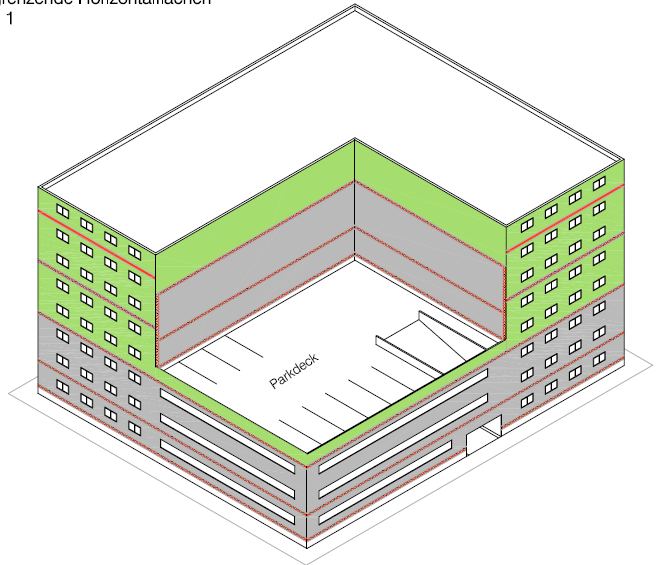 genutzte angrenzende horizontale Gebäudeteile Ausführung von Brandschutzmaßnahmen gegen eine Brandeinwirkung von außen bei genutzten angrenzenden horizontalen Gebäudeteilen (z. B. Parkdecks u. a.).
