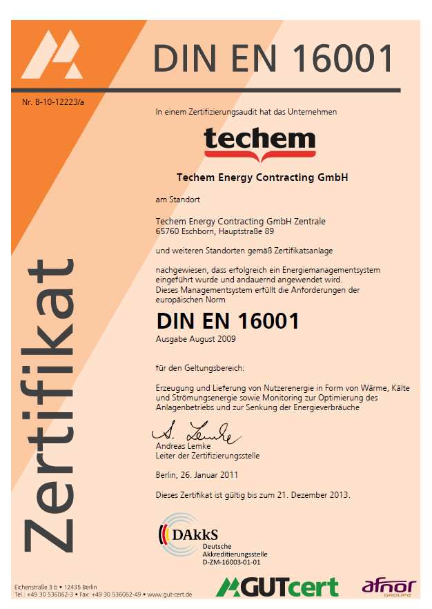 Techem Energy Contracting Profil: Gegründet: 1991 Umsatz zum 31.03.2010: 196 Mio. Mitarbeiter: > 140 Standorte: 8 Energiemanagementsystem nach DIN EN 16001 Wir versorgen über 1.