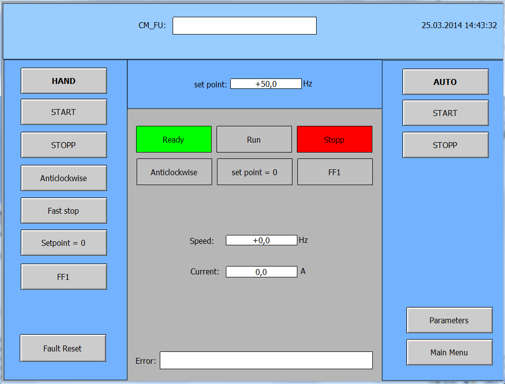 Auf der Startseite kann zwischen den zwei Control Modulen "Drive Operating" und "Parameters" gewählt werden. 7.