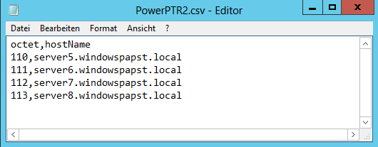 Jetzt wir mithilfe einer.csv Datei mehrere Einträge gleichzeitig. Wir geben 2 Parameter (octet und hostname) vor. Der Befehl dazu lautet: Import-CSV c:\temp\powerptr2.
