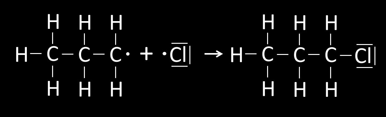Die radikalische Substitution in Teilschritten: (Beispiel: Chlor mit Propan) Zu Beginn der S R wird durch Bestrahlung mit UV-Licht Chlor (Cl 2 ) in Radikale zerlegt: Da hier Radikale gebildet werden,