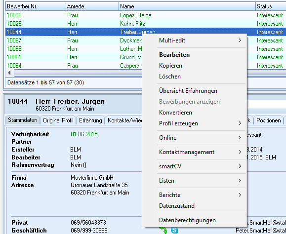 Kontextmenü Das Kontextmenü erreichen Sie durch einen Rechtsklick auf einen Datensatz in der oberen Trefferliste.