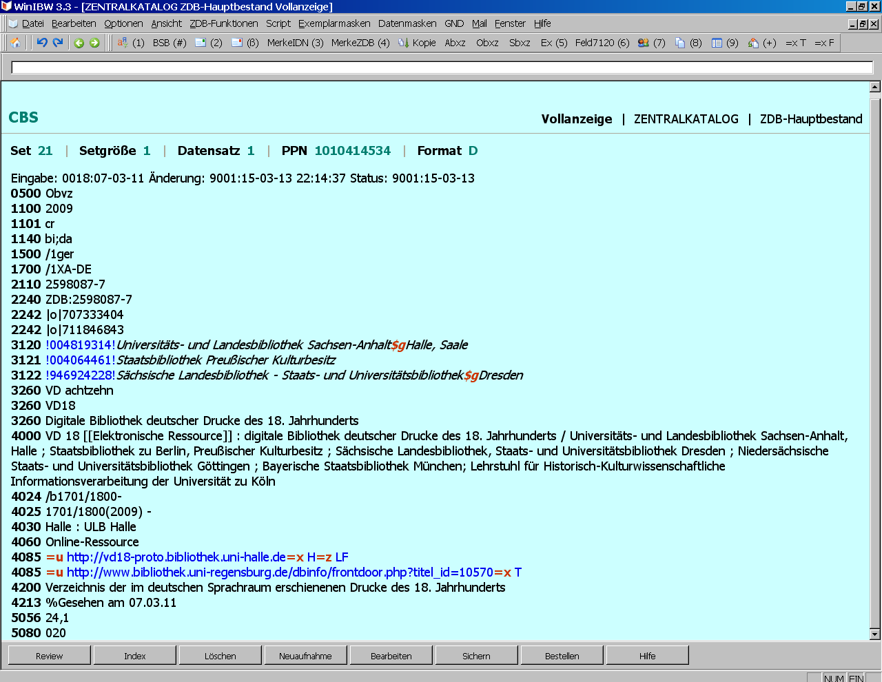 Weitere Merkmale einer Datenbank in der WinIBW Materialspezifischer Code für elektronische Ressourcen in 1101 (c = elektronische
