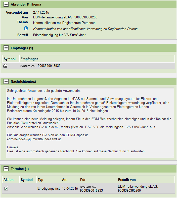 Abbildung 10: Ansicht einer Nachricht zur Fristerinnerung Über den Erhalt dieser Nachricht werden Sie im Journal informiert (siehe Kapitel 2.2.5).