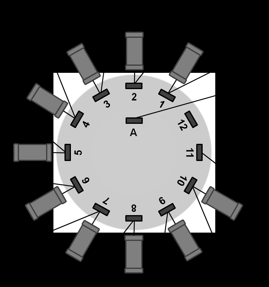 3 Widerstandsdekade im Selbstbau Reihenschaltung mit Trick : Steht der Drehschalter auf Position 1 (dann wird Kontakt A mit Kontakt 1 verbunden) misst man an den beiden Leitungen (oben rechts) keinen