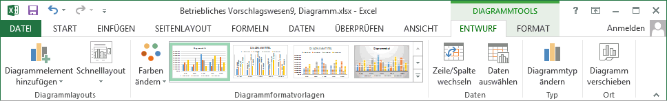 Das eingefügte Diagramm 1.2 Kontextwerkzeuge Excel hat ein Diagramm eingefügt. Dieses Diagramm ist markiert und damit ist es das aktuelle Objekt.