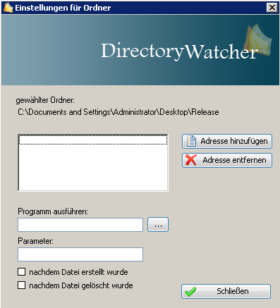 Abbildung 2 - Email Adressen für Ordner Über den Button Adresse hinzufügen können nun beliebig viele Emailadressen hinterlegt werden.