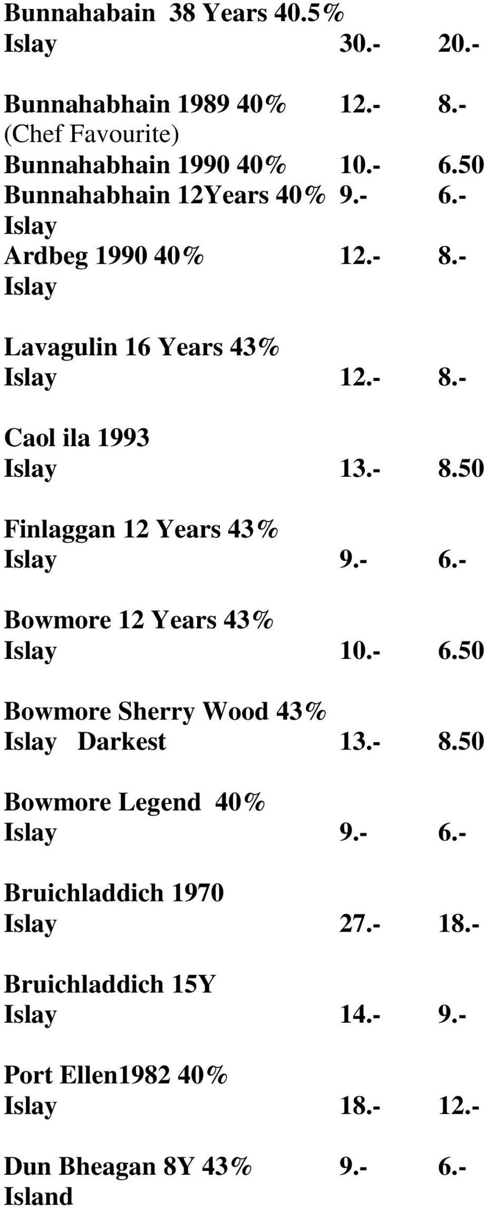 - 6.- Bowmore 12 Years 43% Islay 10.- 6.50 Bowmore Sherry Wood 43% Islay Darkest 13.- 8.50 Bowmore Legend 40% Islay 9.- 6.- Bruichladdich 1970 Islay 27.