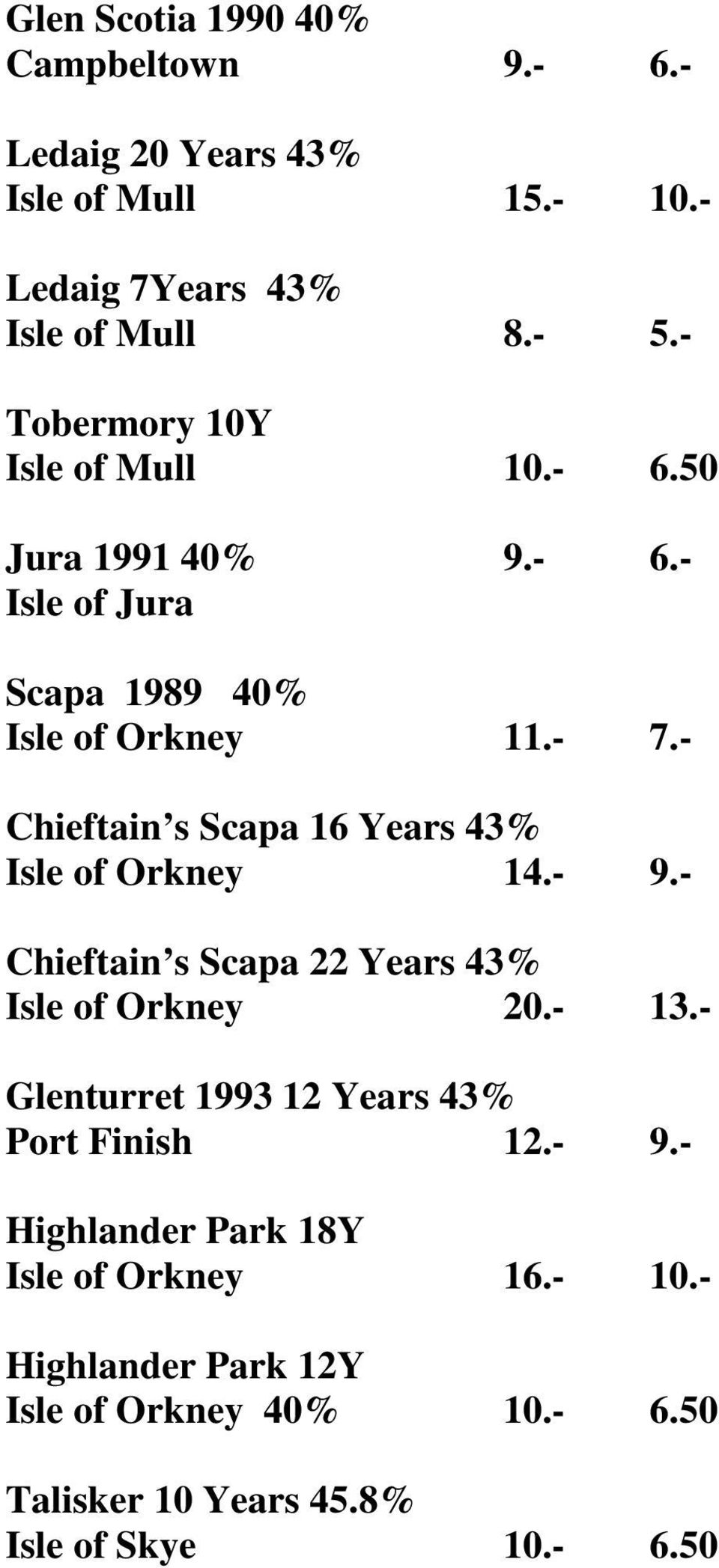 - Chieftain s Scapa 16 Years 43% Isle of Orkney 14.- 9.- Chieftain s Scapa 22 Years 43% Isle of Orkney 20.- 13.