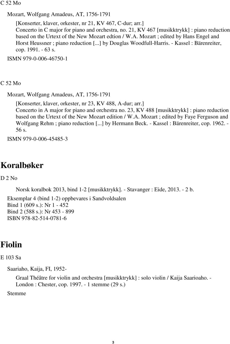 - Kassel : Bärenreiter, cop. 1991. - 63 s. ISMN 979-0-006-46750-1 C 52 Mo [Konserter, klaver, orkester, nr 23, KV 488, A-dur; arr.] Concerto in A major for piano and orchestra no.