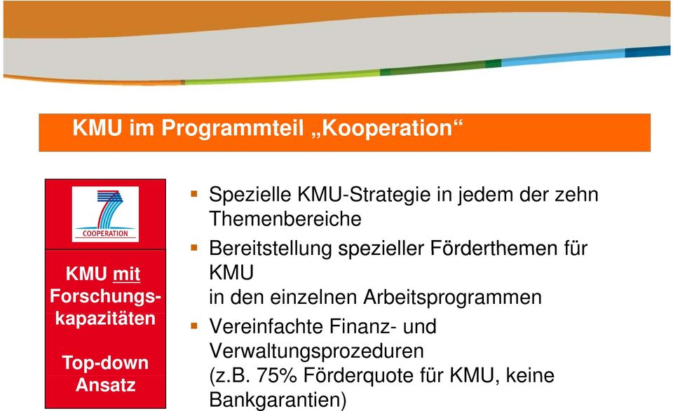 spezieller Förderthemen für KMU in den einzelnen Arbeitsprogrammen Vereinfachte