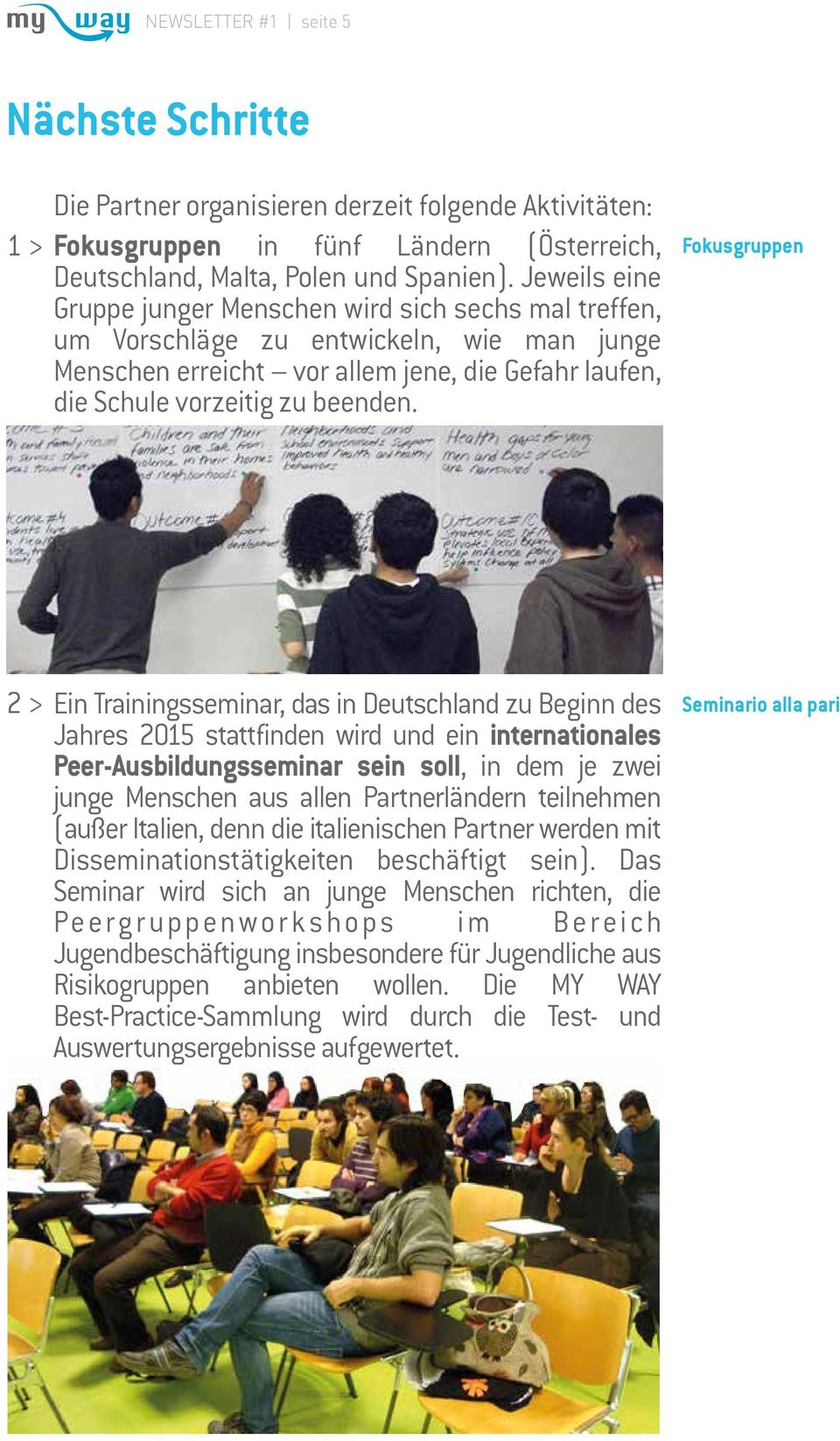 Fokusgruppen 2 > Ein Trainingsseminar, das in Deutschland zu Beginn des Jahres 2015 stattfinden wird und ein internationales Peer-Ausbildungsseminar sein soll, in dem je zwei junge Menschen aus allen