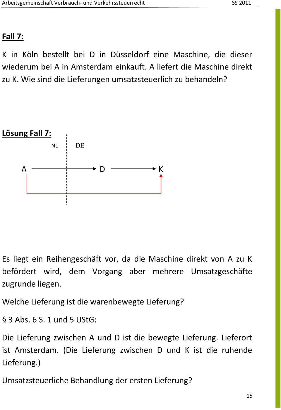 Lösung Fall 7: NL DE A D K Es liegt ein Reihengeschäft vor, da die Maschine direkt von A zu K befördert wird, dem Vorgang aber mehrere Umsatzgeschäfte zugrunde