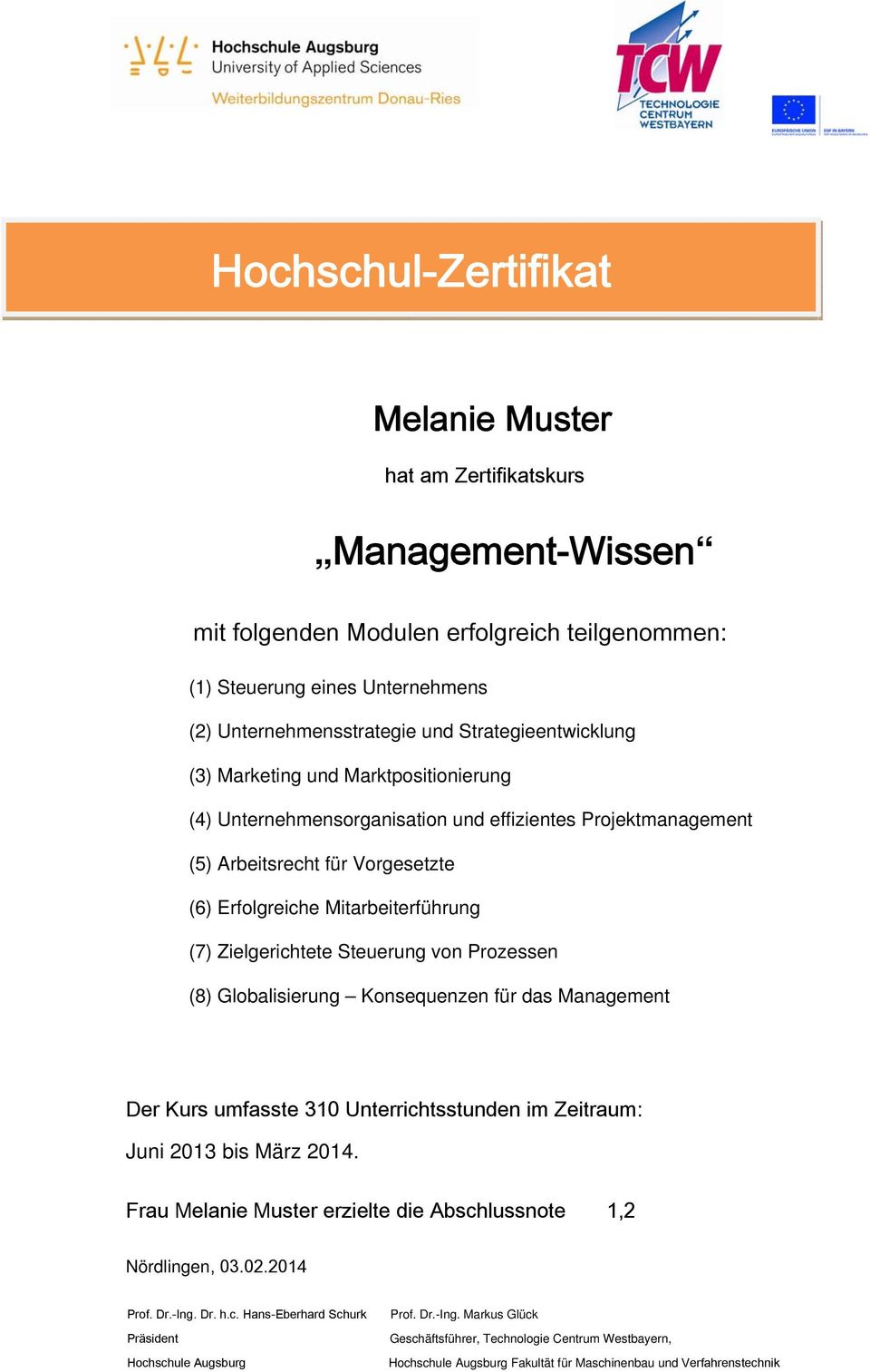 Globalisierung Konsequenzen für das Management Der Kurs umfasste 310 Unterrichtsstunden im Zeitraum: Juni 2013 bis März 2014. Frau erzielte die Abschlussnote 1,2 Nördlingen, 03.02.2014 Prof. Dr.-Ing.