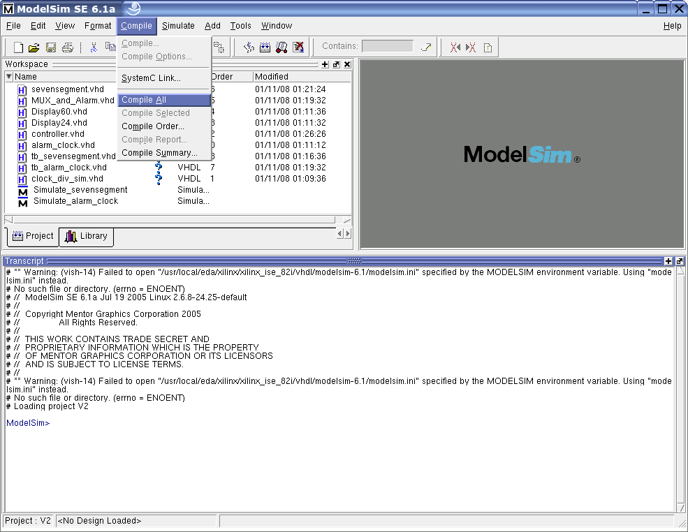 Versuch (Labor) a) Simulation Simulieren Sie die von Ihnen entwickelte Weckerschaltung mit Hilfe des VHDL-Simulators Modelsim (zu finden auf dem Desktop: VHDL Simulation-Icon).