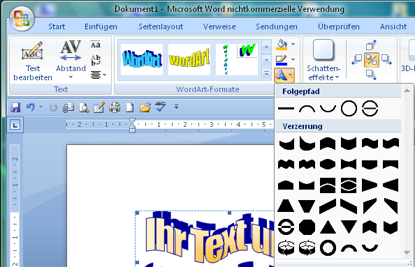 PC Aufbaukurs, Teil Serienbriefe, Etiketten, Grafik : Word 2007 4.5.2010 5 4.2.6 Bildform Gleich wie bei ClipArt lassen sich auch WordArt-Texte vergrössern, verkleinern und drehen. 1.