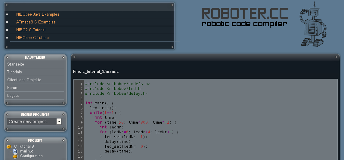 3 Roboter.CC Robotik Online Code Compiler Roboter.CC ist eine alternative Plattform, auf der eigene Roboter-Projekte verwaltet und compiliert werden können.