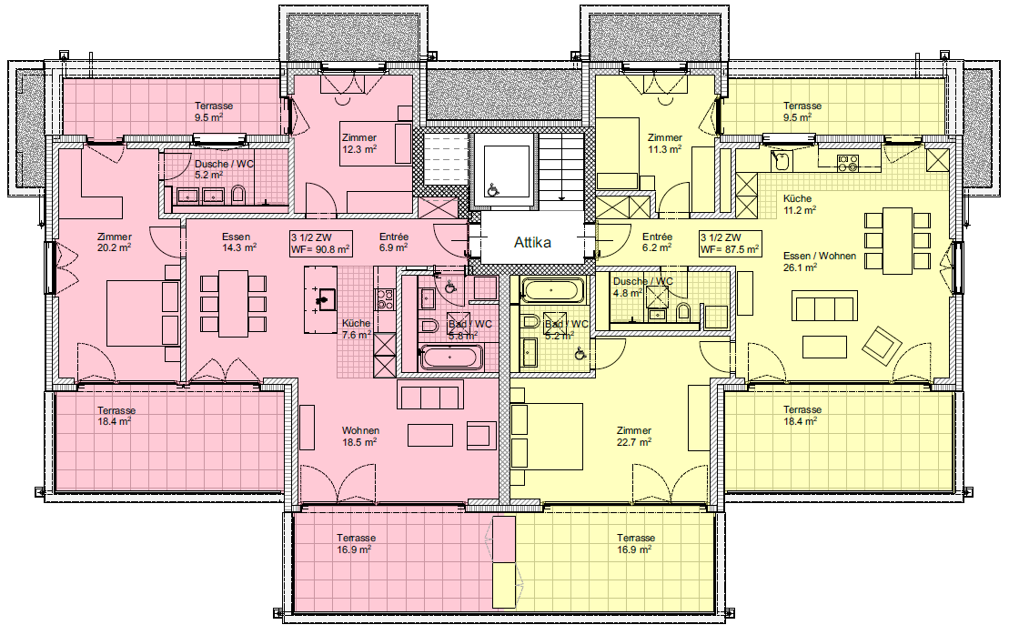 3.5-Zimmerwohnungen im Attikageschoss Diese zwei hellen 3.5- Zimmerwohnungen mit 88 bzw.