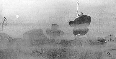 Das Sterbe-/Todesdispositiv der modernen Gesellschaft Nikolaus Heidelbach,»Tanzeinlage«, 1984 Der kleine dicke Tod tanzt, von Nebelschwaden umhüllt, zu