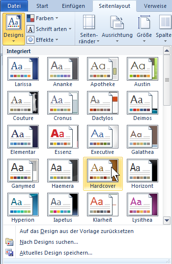 1 Öffnen Sie im Register SEITENLAYOUT die Dropdown- Liste der Schaltfläche DESIGNS.