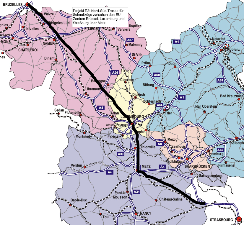 Projekt E 3: Anbindung der Großregion in Richtung Süden Die jetzigen Verbindungen aus der Großregion in die Schweiz oder nach Lyon und darüber hinaus sind nicht zufriedenstellend und durch zu lange