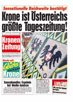 Top-Argumente für Ihre Werbung in der Wien Krone 1 Nr. 1 unter den Kauf-Tageszeitungen Mit einer verkauften Auflage von 98.199 Exemplaren Und 399.000 Lesern ist die Kronen Zeitung in Wien die Nr.