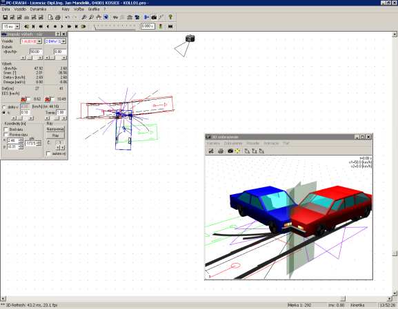 V pracovnej oblasti programu PC-Crash sa graficky zobrazujú vektor hybnosti (tmavo modrý), dotyková rovina (čiarkovaná čiara) a kužeľ trenia (fialový).