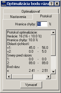 Okno: Optimalizácia bodu zrážky Protokol V záložke Protokol sa zobrazujú rôzne parametre pre optimalizáciu. Vyhodnotenie sa vykoná stanovením Hranice chyby v príslušnom vstupnom poli.