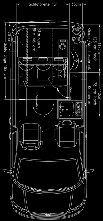 READY MADE Lichtes Bettenmaß: 1920 x 1301 mm Maß Dachbett: 2000 x 1200 mm Sitzbanktyp: Variotech 333 herausnehmbar Sitzplätze: 5 Kühlgerät: Kompressorkühlschrank 47 Ltr.