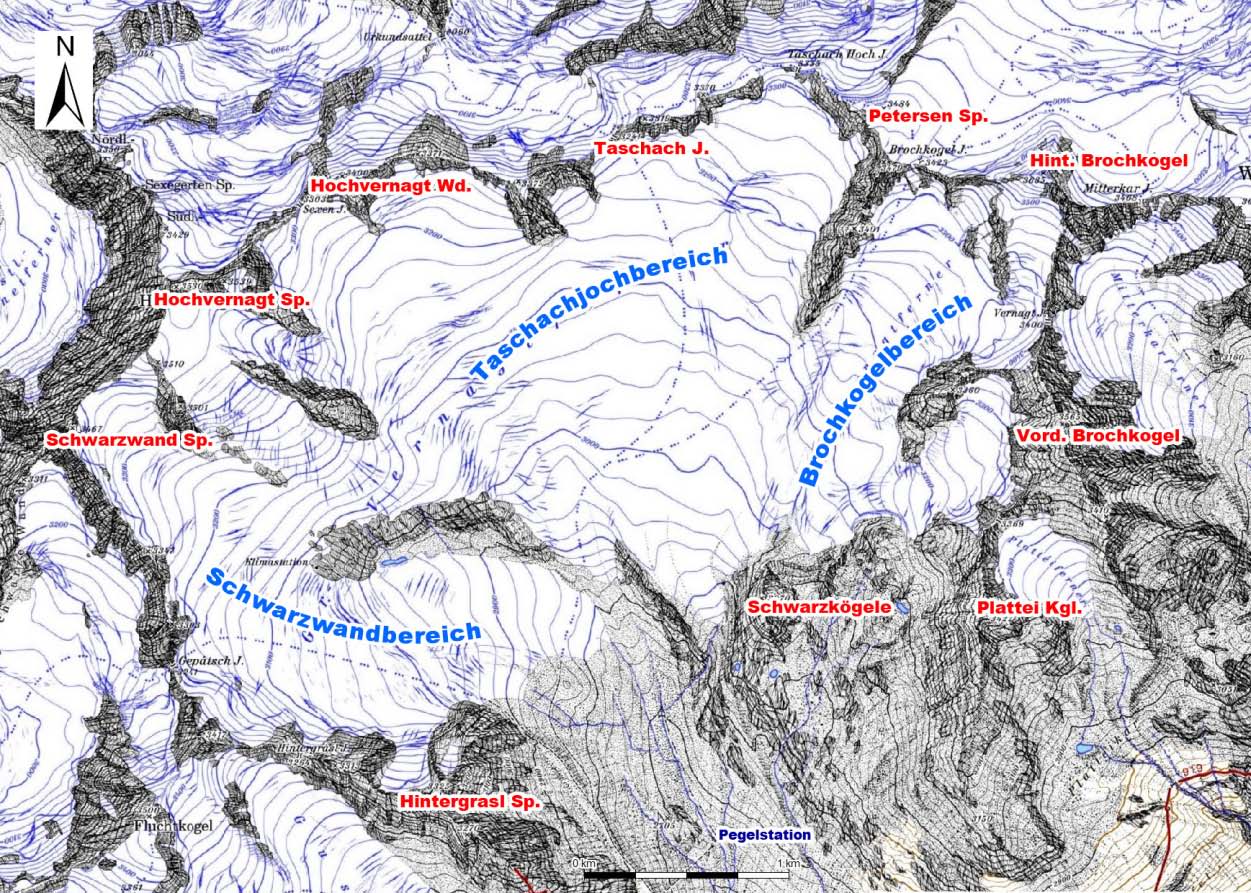 Untersuchungsgebiete Abbildung 2.3: Topographische Darstellung des Vernagtferners seine Bereiche und die umgebenden Gipfel. Eingezeichnet ist außerdem die Pegelstation.