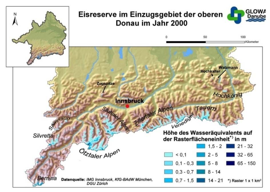 Gletschermodelle Abbildung 5.3: Die Eisreserven im Jahr 2000 im Einzugsgebiet der Oberen Donau. (Quelle: Weber et al.