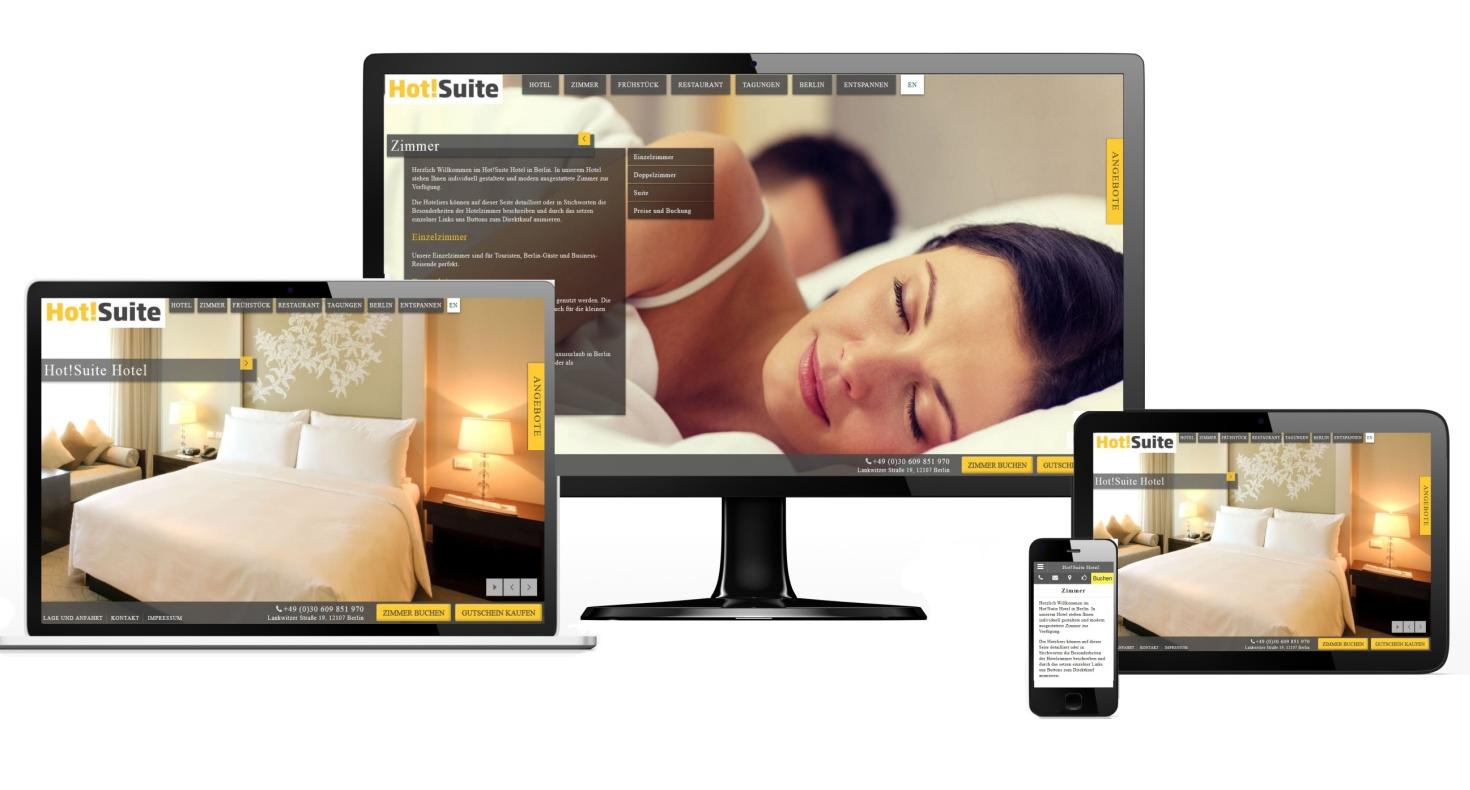 Responsive Hotel-Website Komplett-Lösung für Hotel-Direktvertrieb & Online-Marketing Wir gestalten individuell nach Ihren Wünschen und Anforderungen eine responsive Hotelwebseite.