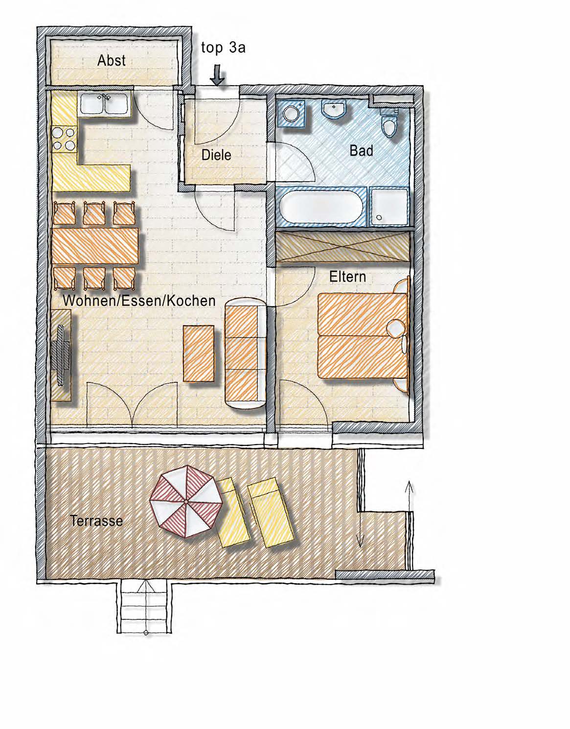 Top 3a Erdgeschoss 2-Zimmer-Wohnung Wohnen / Kochen Eltern Bad/WC Abstellraum Diele 31,16 m 2 12,62 m 2 8,18 m 2 2,90 m 2 3,47 m 2 Wohnfl.