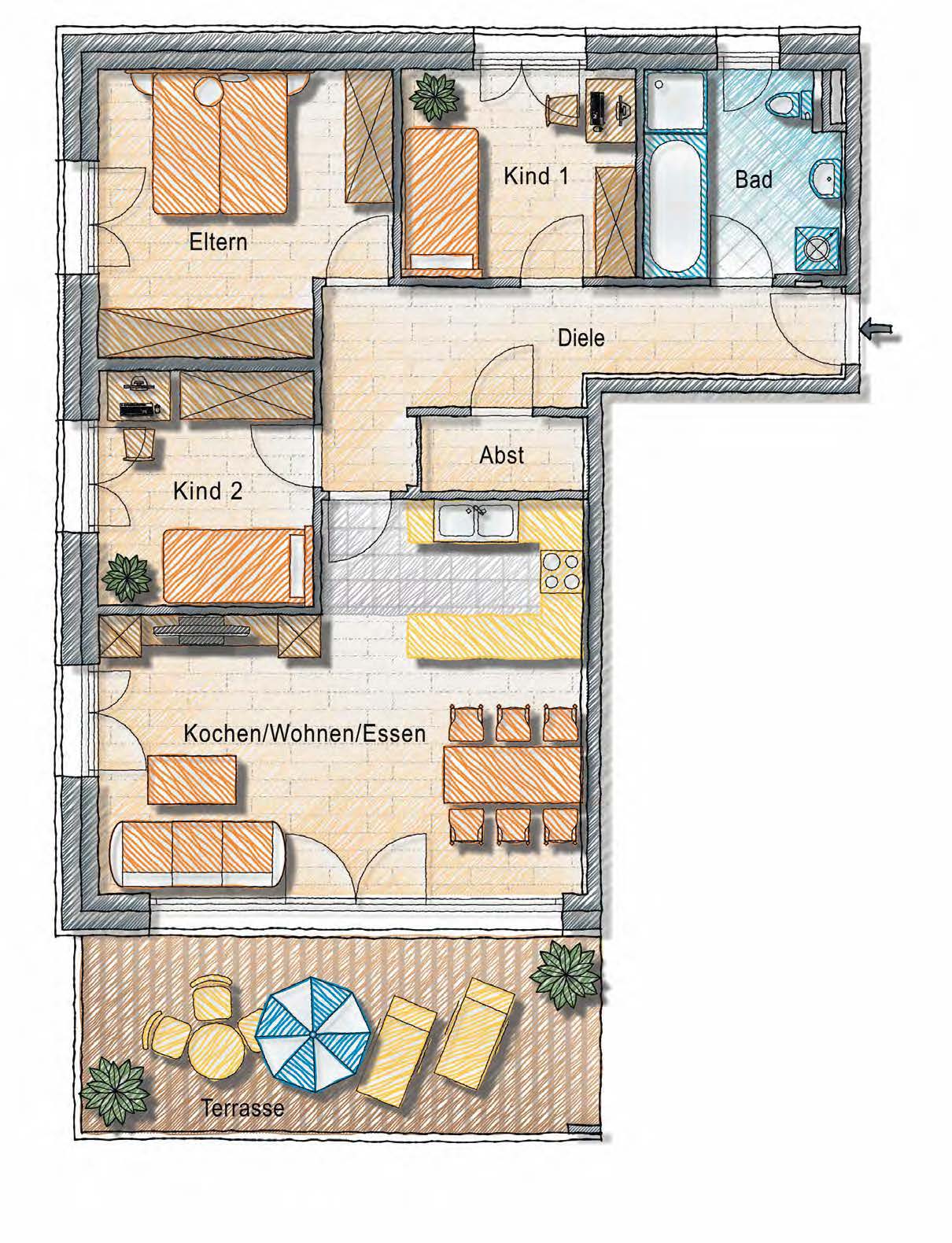 Top 5a Obergeschoss 4-Zimmer-Wohnung Wohnen / Kochen Eltern Kind 1 Kind 2 Bad/WC Abstellraum Diele Wohnfl.
