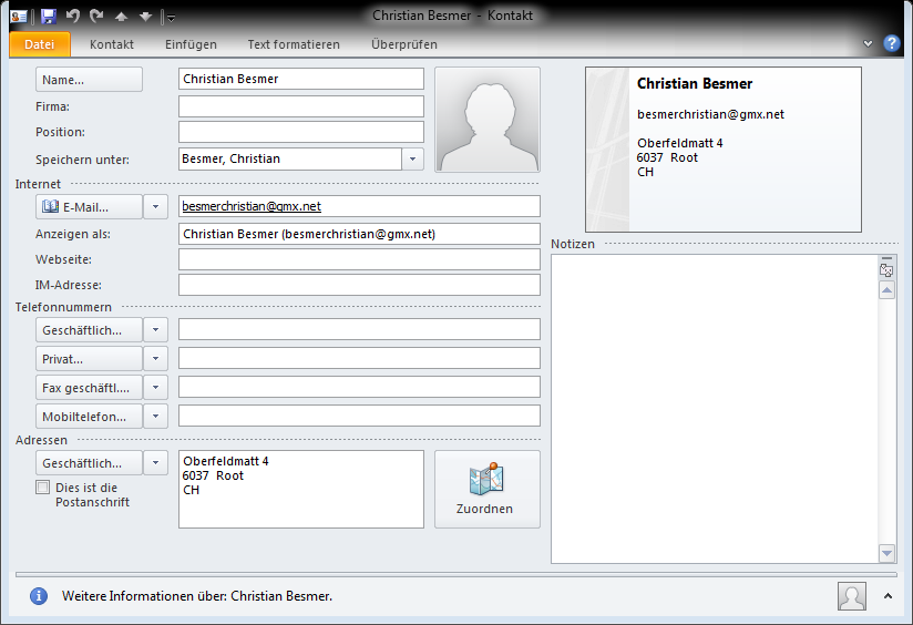 Outlook vcard (Gewählte) Die Funktion öffnet die im Adressbrowser markierte Adresse im Standartmailprogram als Kontakt. Dort kann diese abgespeichert werden.