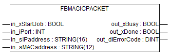 Funktionsbaustein 7 Funktionsbaustein Senden eines Magic Packet (Wake on lan) (FbMagicPacket) WAGO-I/O-PRO-Elemente der Bibliothek Kategorie: Automation Name: FbMagicPacket Typ: Funktion