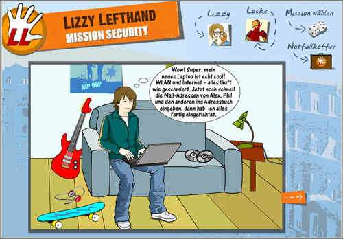 _ Lizzy Lefthand - eine Lernanwendung im Comicstil, (Flashmodule mit Sound) zum Thema Computersicherheit, für das Internetportal Lizzynet von Schulen ans