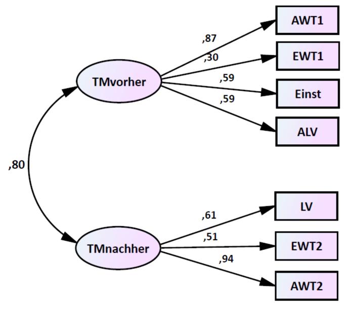 Ergebnisse Tabelle 4.4 Modellrechnung jeweils mit den Skalen bzw. mit Items der Testmotivation vor bzw. nach dem Test TMv Skalen TMn Skalen TMv Items TMn Items χ 2 ; (df); p 7.71; (2);.02 0.