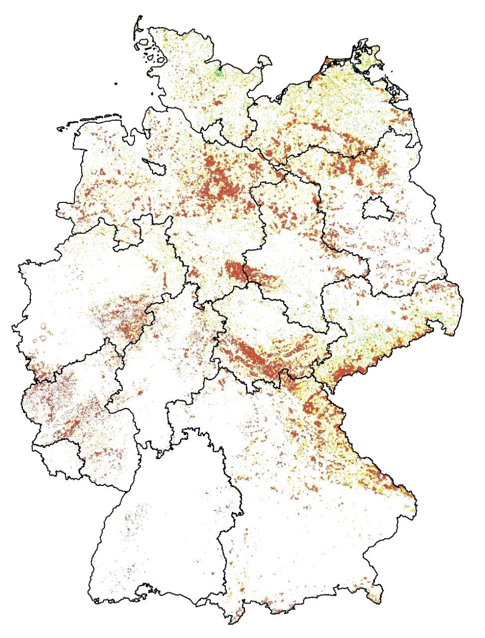 Verbreitung 2050 Fitis Szenario A2 Eignungsfläche: 16,1% (-22,0) Population: 0,29 0,51 Mio. (-0,57 Mio.) 1.00 0.