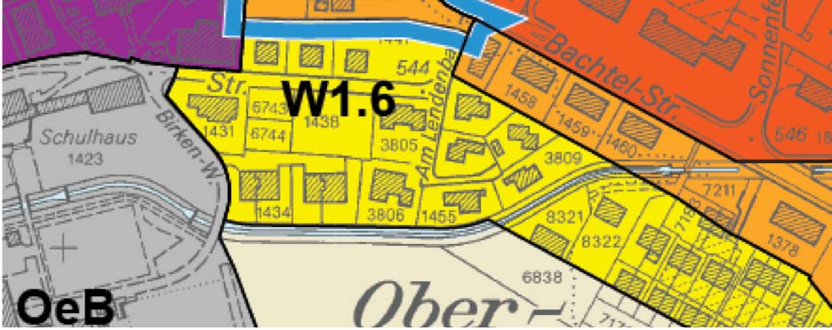 Übergang zwischen den verschiedenen Zonen 8.6 Bachtelstrasse: W1.6 in W2.4 In Oberwetzikon, nördlich der Schulanlage Lendenbach, werden zwei Parzellen von der W1.6 in die W2.4 aufgezont.