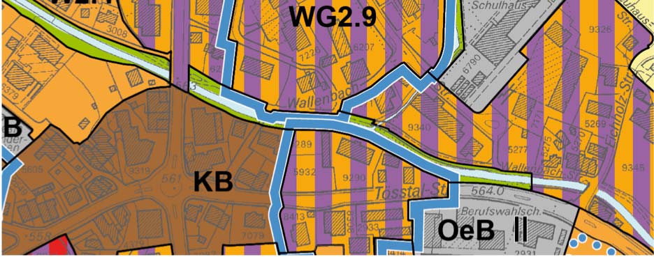 Zusammenhängende WG- Zone 8.9 Wallenbachstrasse: W2.4 in WG2.9 Südlich des Schulhauses Wallenbach werden verschiedene Parzellen von der Wohnzone W2.4 in die Wohnzone mit Gewerbeerleichterung WG2.