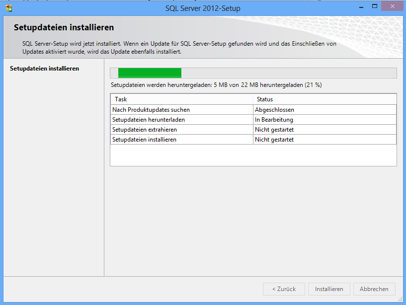 Anschließend werden Setup und Konfiguration des MS SQL Server 2012 Express Edition vorgenommen: Bei der