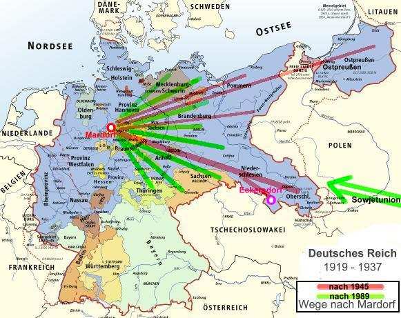 Karte der Herkunftsgebiete von Mardorfer Neubürgern (rot ehemalige Ostgebiete / grün ehemalige UdSSR und DDR) Sommer 1945 Ein Flüchtlings-Schicksal, das als Beispiel für viele stehen kann es wird