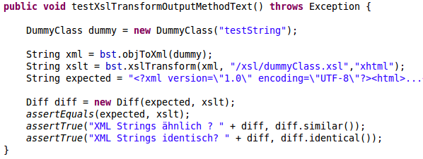 XMLUnit Beispiel II Erwartet: <?xml version= 1.0 encoding= UTF-8?> <html> <head><title/></head> <body> TestString </body> </html> Erzeugt: <?xml version='1.