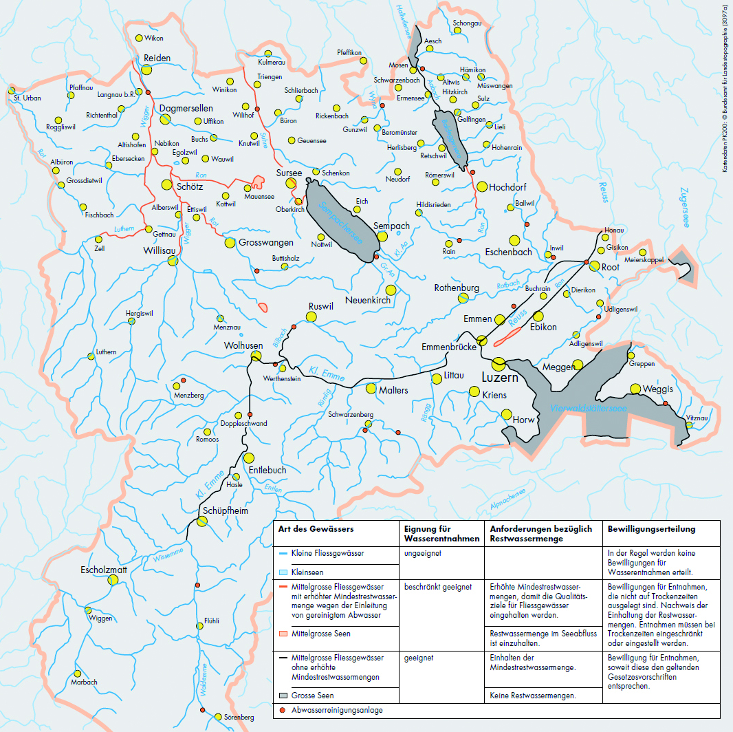 Karte: Eignung der Luzerner Gewässer für Art des Gewässers Kleine Fliessgewässer Eignung für Anforderungen bezüglich Restwassermenge ungeeignet Bewilligungserteilung In der Regel werden keine